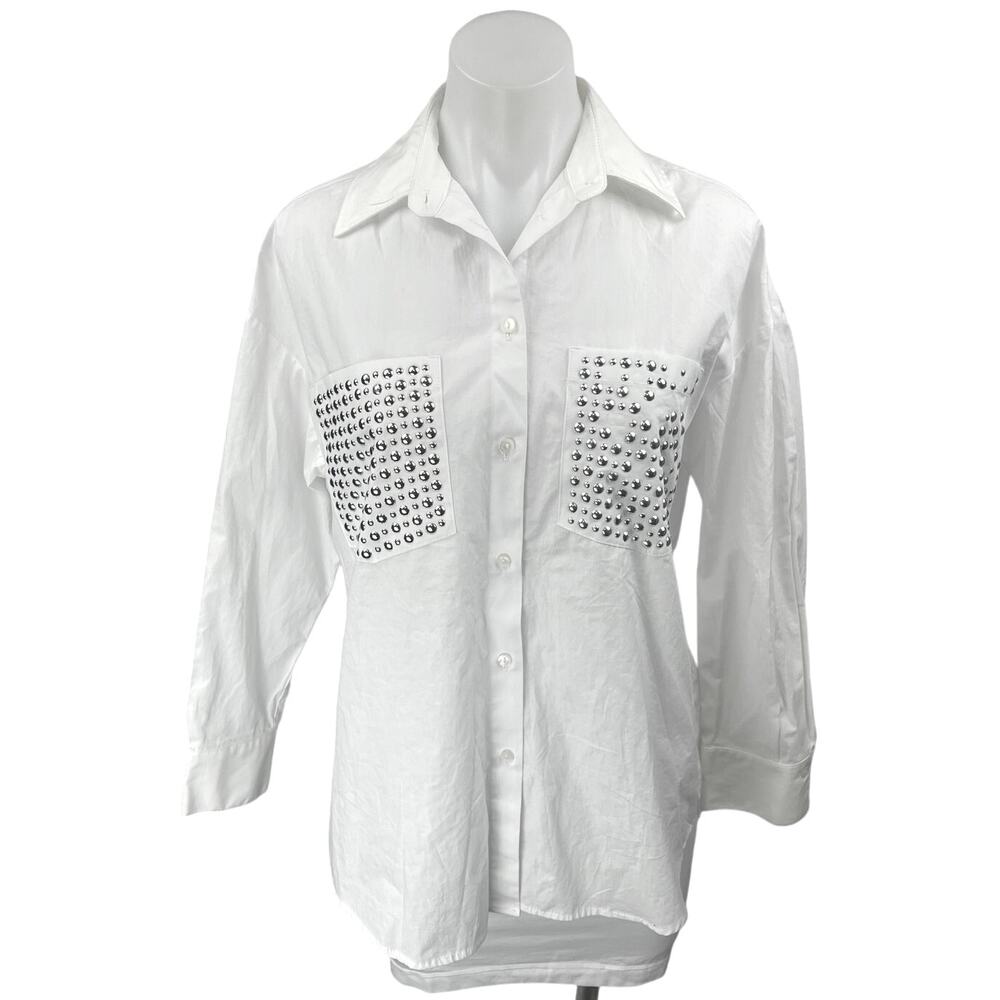 Zara Women's White Long Sleeve Studded Bead Pockets Button Up Shirt Top Size XS